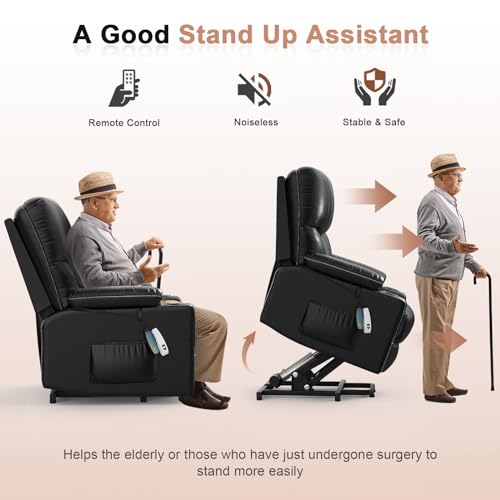 2025 Upgraded Power Lift Recliner Chair, Lift Recliners with Heat and Massage, 27in Extra Wide Recliner Lift Chairs for Elderly, Faux Leather Reclining Lift Chairs with Cup Holders & USB Ports (Black)