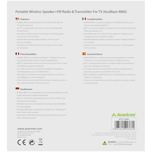 Avantree Wireless Portable TV Speaker & FM Radio 2-in-1, with Low Latency Bluetooth TV Transmitter, Ideal for Seniors, Hard of Hearing - Audikast 4860