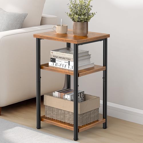 DUMOS End Table, 3 Tier Side Sofa Tables for Small Space, Storage Shelf, Nightstand with Adjustable Feet for Living Room, Bedroom, Office, Set of 1, Rustic Brown