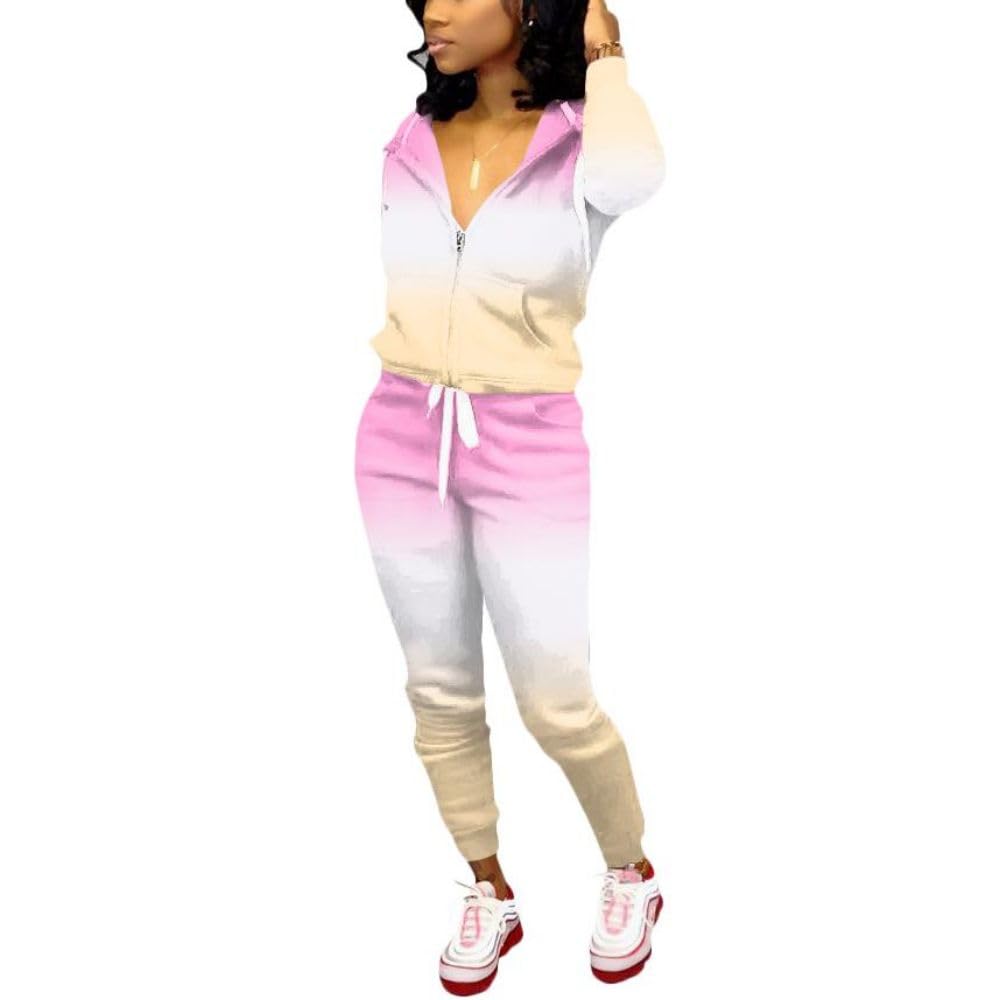 Nimsruc Two Piece Outfits For Women Casual Tracksuit Hoodie Jogging Suits Long Sleeve Sweatsuit Pants Sets Pink Yellow Gradient XXL