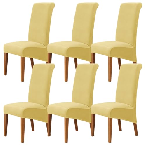 Lussenwert Velvet Dining Chair Covers Stretch XL/Oversized Chair Covers for Dining Room Set of 6 Parsons Chair Slipcovers Removable Washable Chair Seat Protector for Kitchen Banquet, Lemon-Yellow