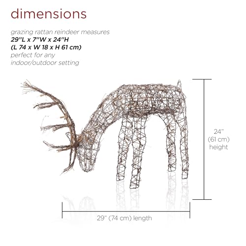 Alpine Corporation 24"H Outdoor Rattan Grazing Reindeer Lawn Decoration with White Lights , Christmas Decoration