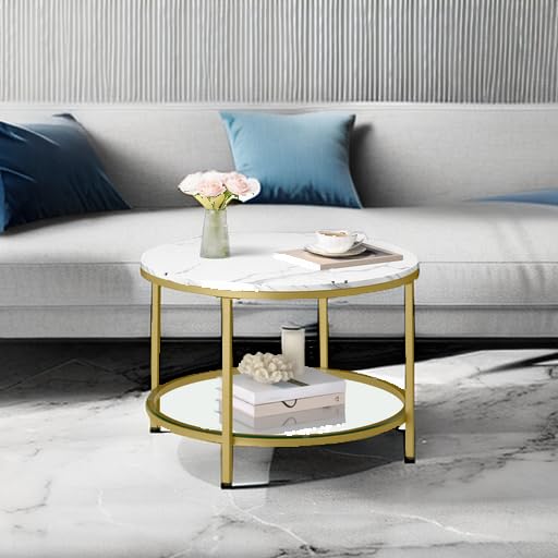 VASAGLE Round Coffee Table, 2-Tier Small Coffee Table with Faux Marble Top and Glass Shelf, Modern Style, for Living Room, 25.6 x 25.6 x 18.1 Inches, Marble White and Pale Gold ULCT072W59