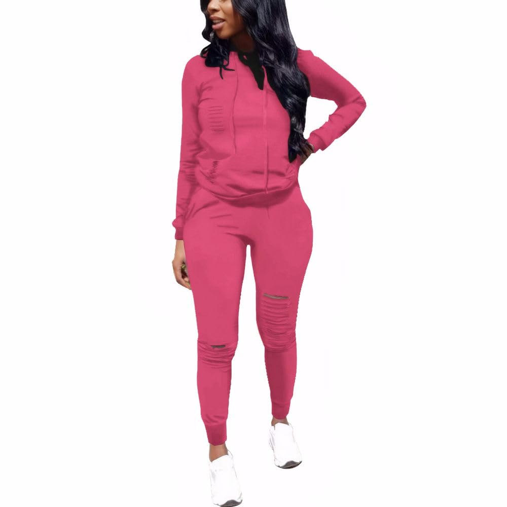 Nimsruc Women's Two Piece Outfits Casual Long Sleeve Pant Sets Sweatsuit Tracksuit Rose Red XL