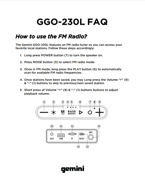 Gemini Portable Bluetooth Boombox Speaker with Deep Bass, LED Party Lights, FM Radio, USB, Mic Input & 7-Hour Battery – Rechargeable Wireless Speaker for Travel, Gym, or Home Use (GGO-230L)