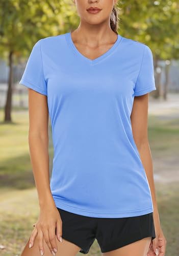 MAGCOMSEN Rash Guard for Women Short Sleeve V Neck Shirts Women Running Shirts for Women Dry Fit Workout Shirts Light Blue S