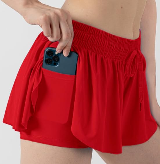 Girls Athletic Flowy Shorts with Liner 2-in-1 Kids Butterfly Pockets Short for Running Sports Fitness Tennis Girls 5-12 Years Red