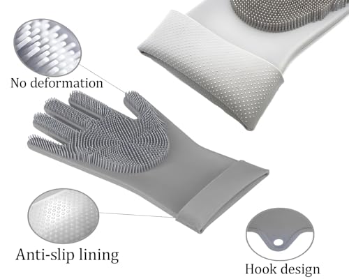 PEOKPIPLE 2 pairs Silicone Dishwashing & Pet Grooming Gloves - 2-in-1 Heat Resistant Gloves with High-Density Teeth, Enhanced Five Finger Design for Bathing, Cleaning Dishes, Cars, Dogs & Cats (Gray)