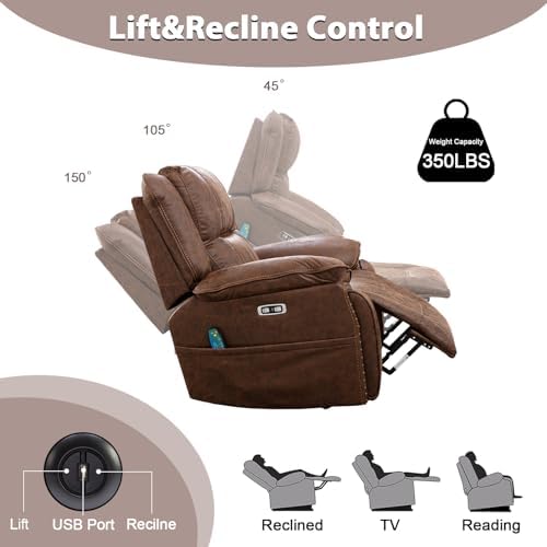 Phoenix Home Dual Motor Power Lift Chair for Elderly, Lift Chairs with Massage and Heat, Faux Leather Electric Chairs for Adults, Recliner Chair with USB, 2 Concealed Cup Holderss, Chestnut Brown