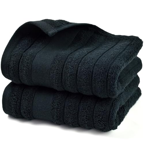2-Pack Bathroom Hand Towels (Black) Ribbed – Guest Room & Spa Premium Cotton Face Towels 13” x 29”, Soft and Quick Drying 480 GSM