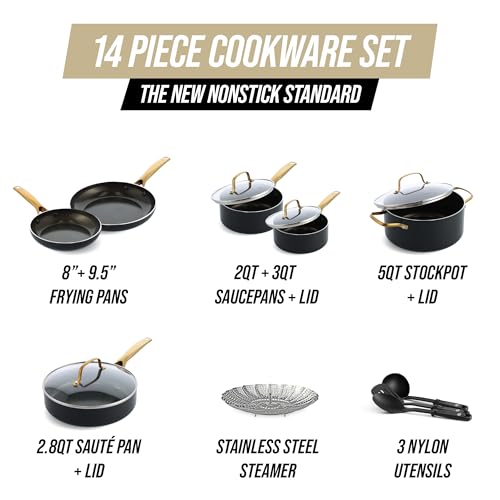 Blue Diamond 14 Piece Induction Nonstick Cookware Set, Diamond Infused PFAS-Free Ceramic Nonstick Pots & Pans, Durable Metal Utensil Safe, Dishwasher Safe, Oven & Broiler to 600F, Black/Gold
