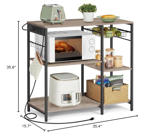 VASAGLE Baker's Rack, Coffee Bar Stand with Charging Station, Storage Shelves, Pull-Out Wire Basket, Table for Microwave, Kitchen, Greige UKKS036K02, 15.7 x 35.4 x 35.6 Inches