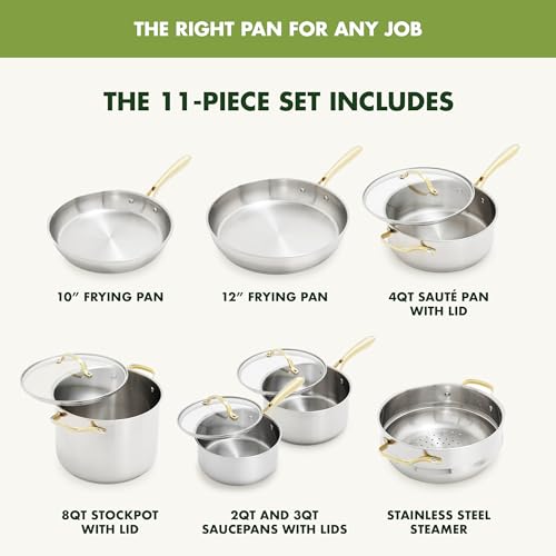 GreenPan 11 Piece Stainless Steel Cookware Set, Induction Ready, Tri-Ply Multiclad Pots & Pans with Lids, Compatible on All Cooktops, Measurement Markings, Dishwasher & Oven Safe, Swift, Gold Handles