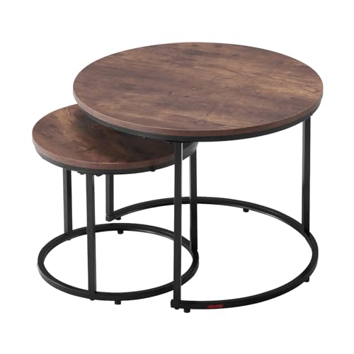 VEVOR Nesting Tables, Coffee Table Set of 2, 23.6 inch Round Coffee Table, Small Coffee Tables Night Stand with Metal Frame, for Living Room, Bedroom, Office (Brown & Black)
