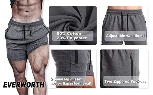 EVERWORTH Men's Solid Gym Workout Shorts Bodybuilding Running Fitted Training Jogging Short Pants with Zipper Pocket Grey XXL