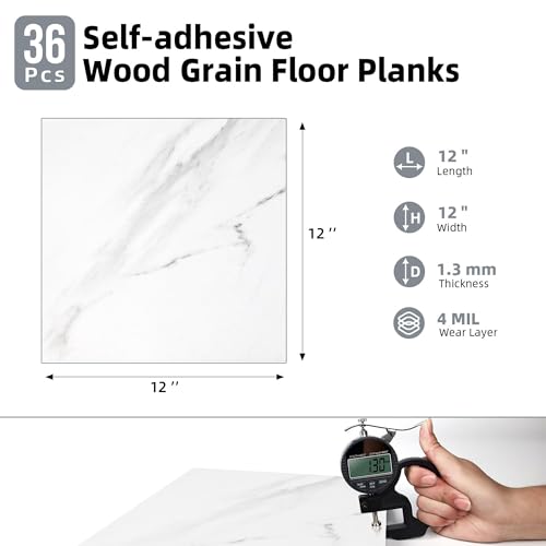 Vsmile 36 Pieces Peel and Stick Vinyl Flooring, Marble White Self Adhesive Tiles 12 x 12 Inch DIY for Bedroom, Kitchen, Living Room,Laundry Room, Bathroom,RV Floor