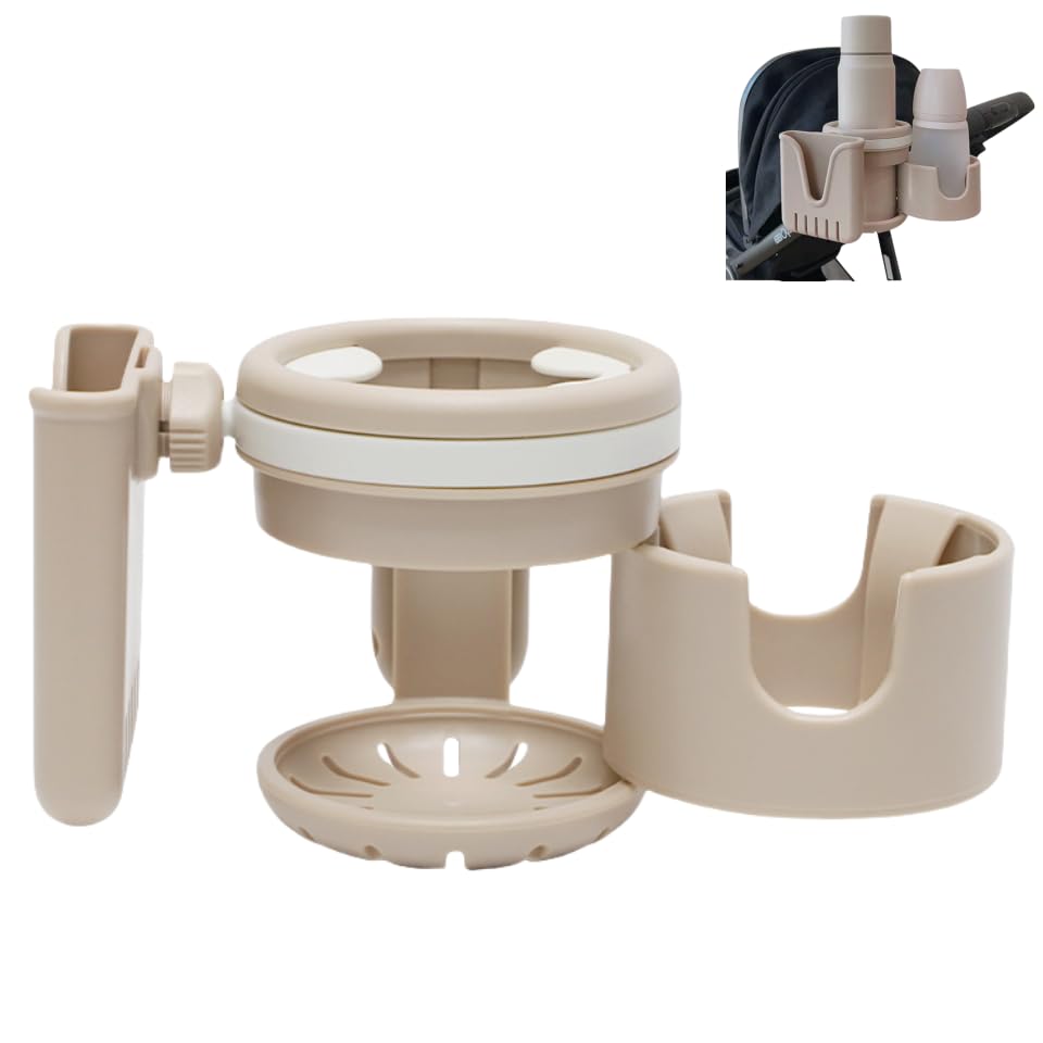 3-in-1 Stroller Cup Holder, Baby Stroller Accessories with Bottle Holder, Phone Mount, and Drink Caddy for Strollers, Perfect for Parents on The Go (Beige)