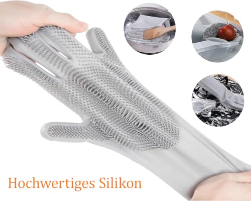 PEOKPIPLE 2 pairs Silicone Dishwashing & Pet Grooming Gloves - 2-in-1 Heat Resistant Gloves with High-Density Teeth, Enhanced Five Finger Design for Bathing, Cleaning Dishes, Cars, Dogs & Cats (Gray)