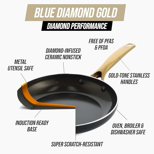 Blue Diamond 14 Piece Induction Nonstick Cookware Set, Diamond Infused PFAS-Free Ceramic Nonstick Pots & Pans, Durable Metal Utensil Safe, Dishwasher Safe, Oven & Broiler to 600F, Black/Gold