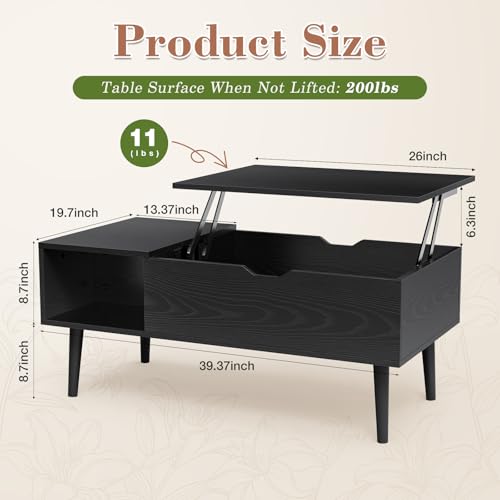 OLIXIS Wooden Coffee Table, Lift Top Coffee Table with Large Hidden Compartment and Ample Storage Shelf, Lift Tabletop Dining Table for Living Room, Home Small Space, Charcoal