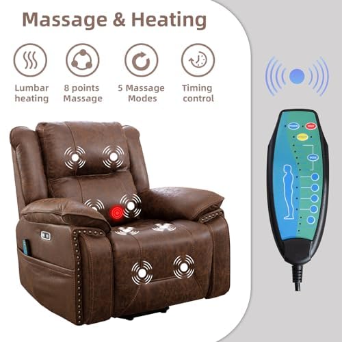 Phoenix Home Dual Motor Power Lift Chair for Elderly, Lift Chairs with Massage and Heat, Faux Leather Electric Chairs for Adults, Recliner Chair with USB, 2 Concealed Cup Holderss, Chestnut Brown