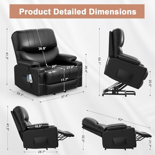 2025 Upgraded Power Lift Recliner Chair, Lift Recliners with Heat and Massage, 27in Extra Wide Recliner Lift Chairs for Elderly, Faux Leather Reclining Lift Chairs with Cup Holders & USB Ports (Black)