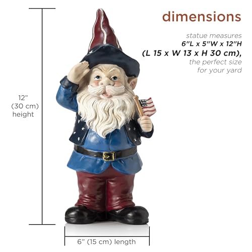 Alpine Corporation 12" Tall Outdoor Patriotic Garden Gnome Saluting Yard Statue Decoration