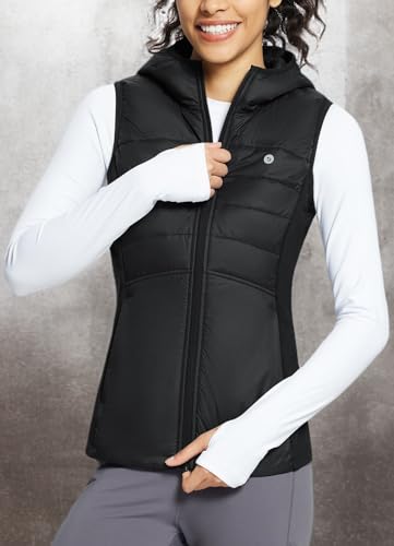 baleaf Puffer Vest Women Running Vests Sleeveless Fall Winter Hooded Slim Fit Lightweight Hybrid Water Resistant Down Jacket Black M