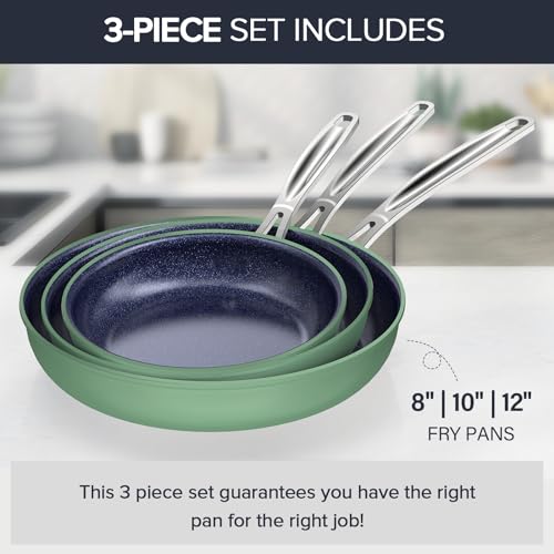 Nuwave 3-Piece 8”, 10”, 12” Forged Lightweight Frying Pan Set, G10 Healthy Duralon Blue Ceramic Ultra Non-Stick, Ergonomic Stay-Cool Handles, Induction-Ready & Works on All Cooktops