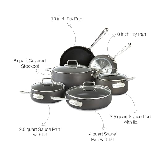 All-Clad HA1 Hard Anodized Nonstick Cookware Set 10 Piece Induction Oven Broiler Safe 500F, Lid Safe 350F Pots and Pans Black