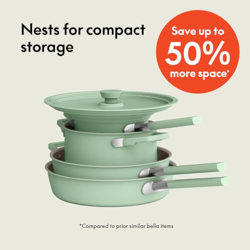 bella 9 Piece Ceramic Nonstick Cookware Set, Fits-anywhere™ Kitchenware w EverGood™ Coating, Dishwasher & Oven Safe, All Stovetops Compatible, Stackable Design, Cool Touch Handles, Seaglass