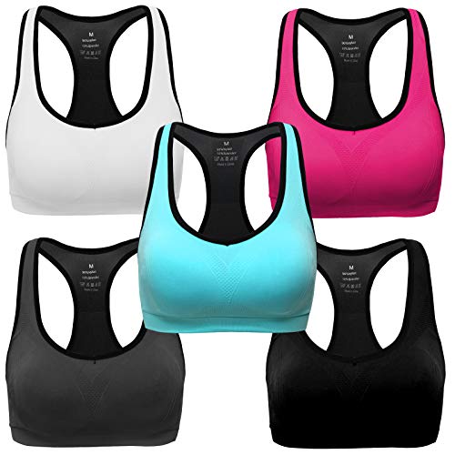 MIRITY Women Racerback Sports Bras - High Impact Workout Gym Activewear Bra Color Black Grey Blue Hotpink White Pack of 5 Size S