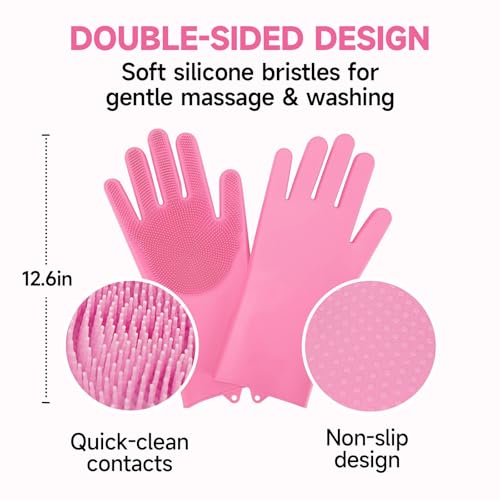 KUEIOX Dog Washing Gloves - Quick Drying Dog Towel,Cat Bath Grooming Gloves Brush with High-Density Teeth for Bathing Massaging，Absorbent Pet Bath Towel 30.3"x13.8" with Hand Pocket for Dog Cat Pink