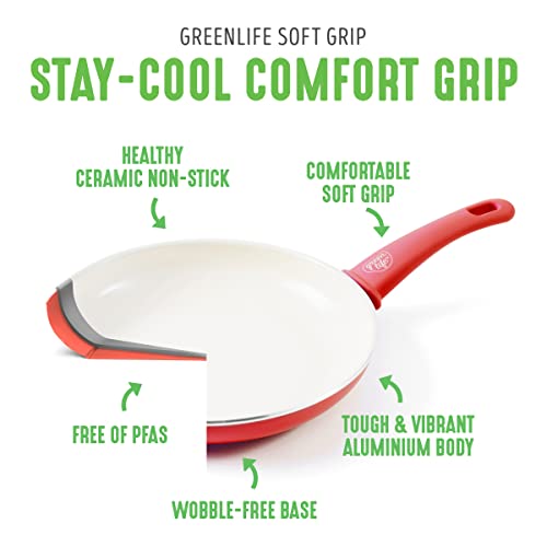 GreenLife 16 Piece Nonstick Cookware Set, Soft Grip Non-Toxic PFAS-Free Ceramic Pots & Pans, Dishwasher & Oven Safe, Frying, Sauce, Saute, Utensils, Glass Lids, Stay-Cool Handles, Wobble Free, Red