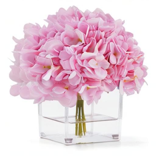 rubystory Silk Pink Hydrangea Artificial Flowers in Vase with Faux Water, Silk Flower Arrangements in Vase for Home Decor, Wedding Table (Pink)