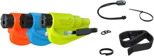 Resqme Accessory Pack The Original Emergency Keychain Car Escape Tool, 2-in-1 Seatbelt Cutter and Window Breaker, Made in USA With Visor Clip, Lanyard, Keyring and Cable Tie - Blue, Orange, Yellow