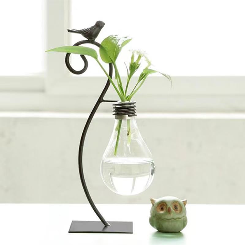 Calnegaris Desktop Glass Planter Hydroponics Vase, Planter Bulb Vase with Holder, Creative Bird Lant Terrarium Stand for Home Decor, for Flowers, Succulents, Propagation
