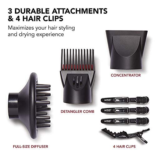 KISS 1875 Watt Pro Tourmaline Ceramic Hair Dryer, Styling Edition, 3 Heat Settings, 2 Speed Settings, Cool Shot Button, 7 Blow Dryer Accessories Included, 2-Year Warranty - Red