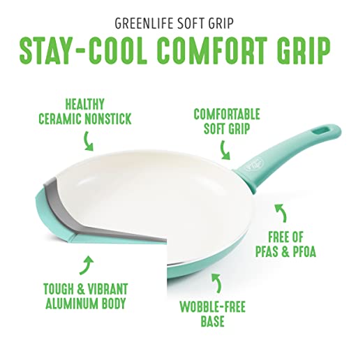 GreenLife Soft Grip 16 Piece Cookware Set, Non-Toxic PFAS-Free Ceramic Nonstick, Pots, Frying, Sauce, Saute, Glass Lids, Stay-Cool Handles, Wobble Free Bases, Dishwasher & Oven Safe, Turquoise