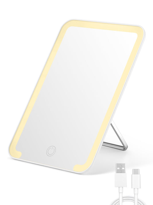 Qislee Travel Makeup Mirror with Lights, 3 Color Modes, 8 x 5 inches Desk Mirror with Foldable Stand, Touch Dimming, Perfect Travel Accessory, White