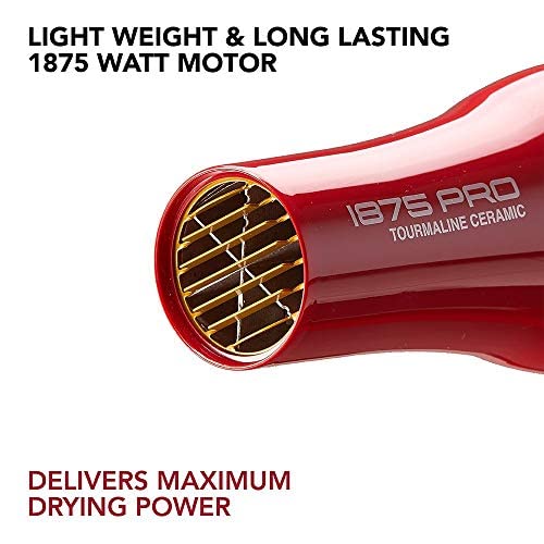 KISS 1875 Watt Pro Tourmaline Ceramic Hair Dryer, Styling Edition, 3 Heat Settings, 2 Speed Settings, Cool Shot Button, 7 Blow Dryer Accessories Included, 2-Year Warranty - Red