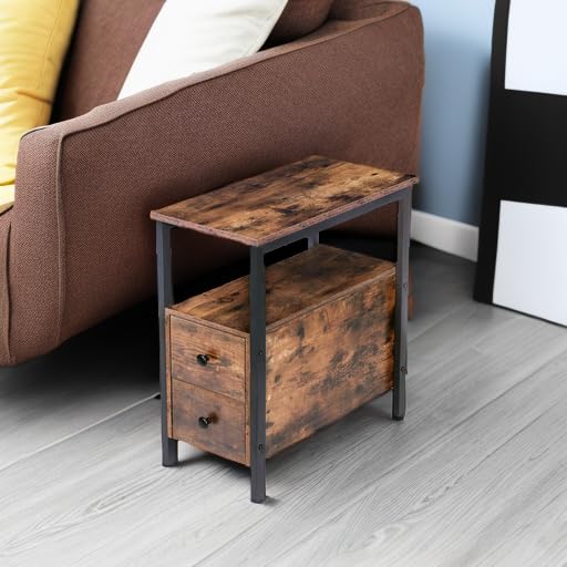 HOOBRO End Table, Narrow Chairside Table with Drawer and Open Storage Shelf, Nightstand for Small Spaces, Stable and Sturdy Construction, Wood Look Accent Furniture, Rustic Brown and Black BF548BZ01G2