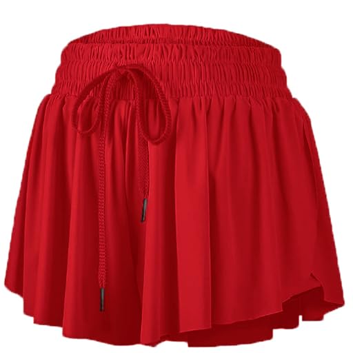 Girls Athletic Flowy Shorts with Liner 2-in-1 Kids Butterfly Pockets Short for Running Sports Fitness Tennis Girls 5-12 Years Red