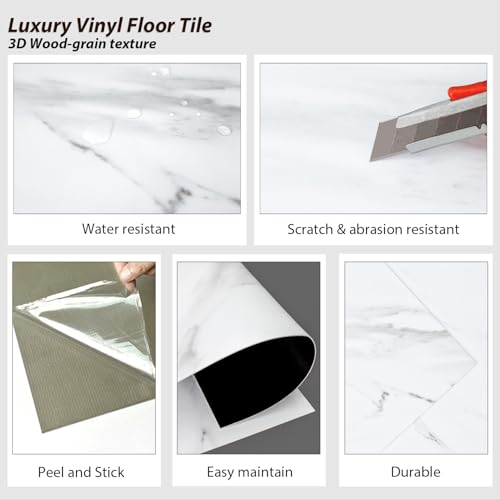 Vsmile 36 Pieces Peel and Stick Vinyl Flooring, Marble White Self Adhesive Tiles 12 x 12 Inch DIY for Bedroom, Kitchen, Living Room,Laundry Room, Bathroom,RV Floor
