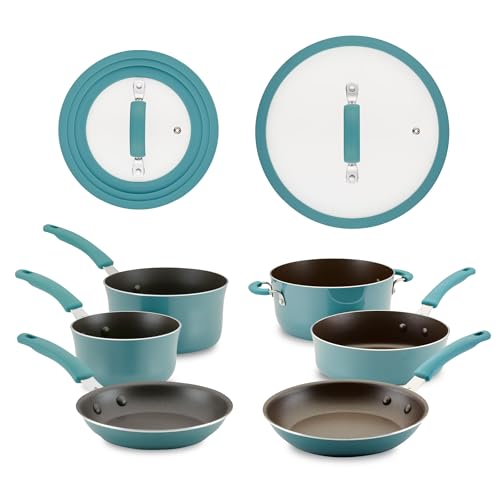 Rachael Ray Cook + Create Nonstick Cookware/Pots and Pan Set, 10 Piece, Agave Blue