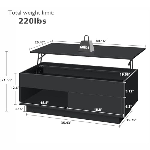 LED Coffee Table Black Lift Top Coffee Table with Storage Modern Tea Table with Drawer Lift Up Dining Center Table with LED Light for Living Room Home Office