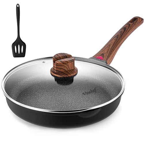 Vinchef Non Stick Frying Pan with Lid,9.5 Inch Anti Scratch Skillet Cast Aluminum Cookware, Induction Compatible Black