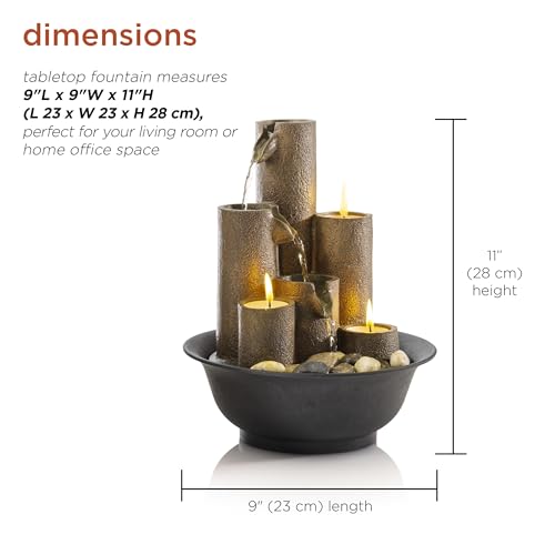 Alpine Corporation WCT202 Indoor Tabletop Tiered Water Fountain Featuring 3 Candles for Desktop and Table, 11", Brown