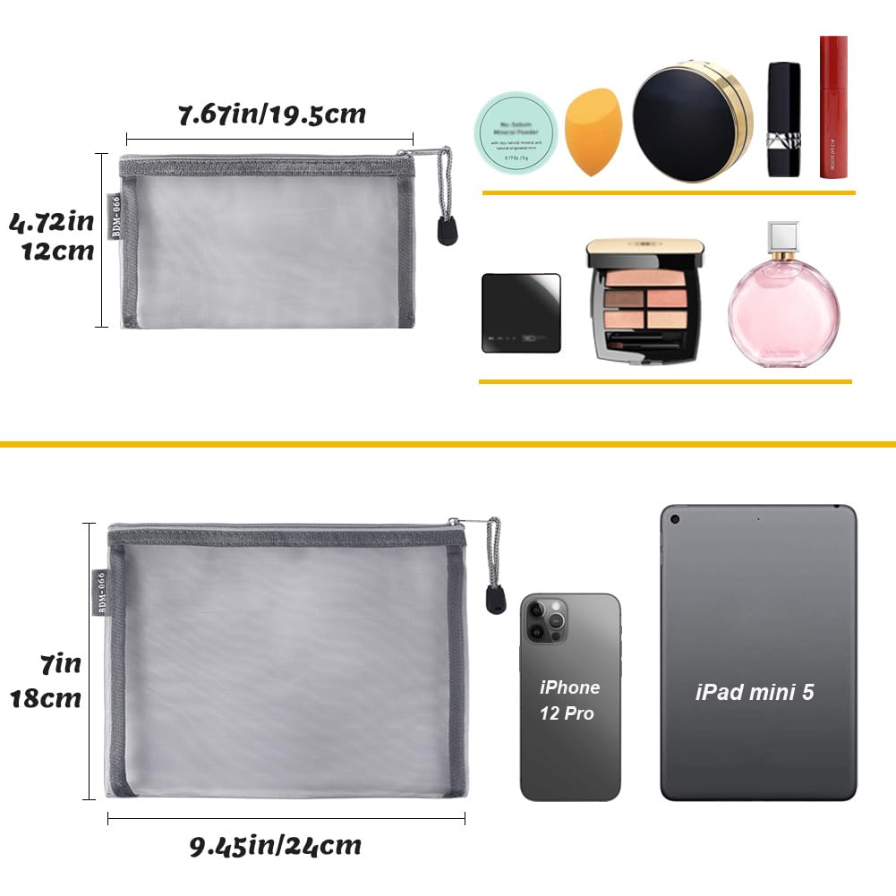 besharppin 6 Pack Mesh Cosmetic Bags, Nylon Makeup Pouches with Zipper for Home Office Purse Diaper Bag (Grey)