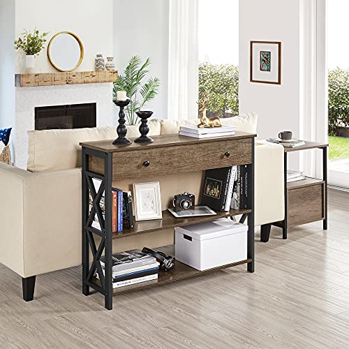 Yaheetech Console Table with Drawer and 2 Open Storage Shelves, Sofa Table for Living Room, 3-Tier Narrow Entryway Table, X-Shaped Design, Taupe Wood